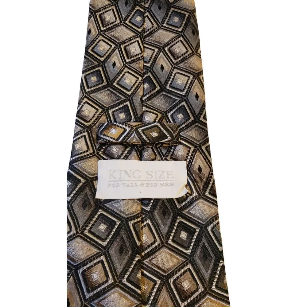 King‎ Size Mens 100% Silk Tie Tan Black Geometric Men Necktie Long 62 x 4
